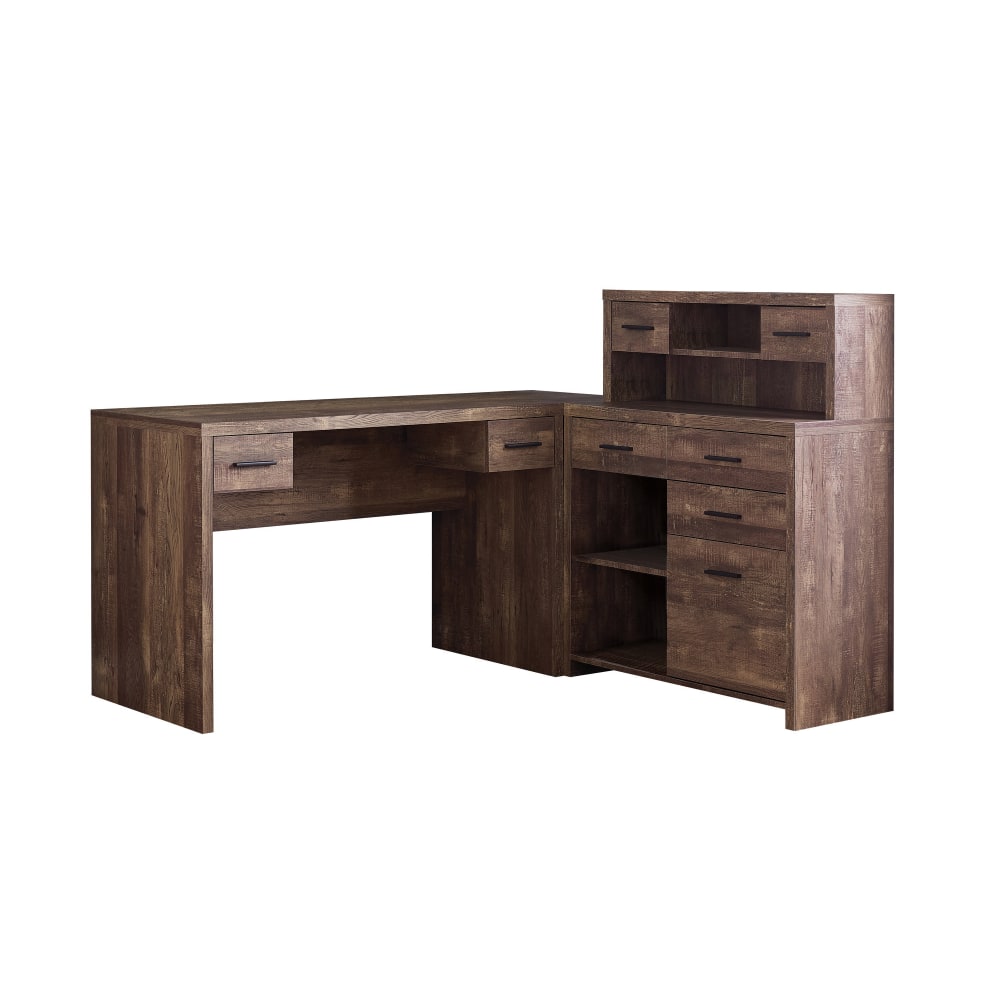 Monarch Specialties 63inW L-Shaped Corner Desk With Hutch, Brown Woodgrain