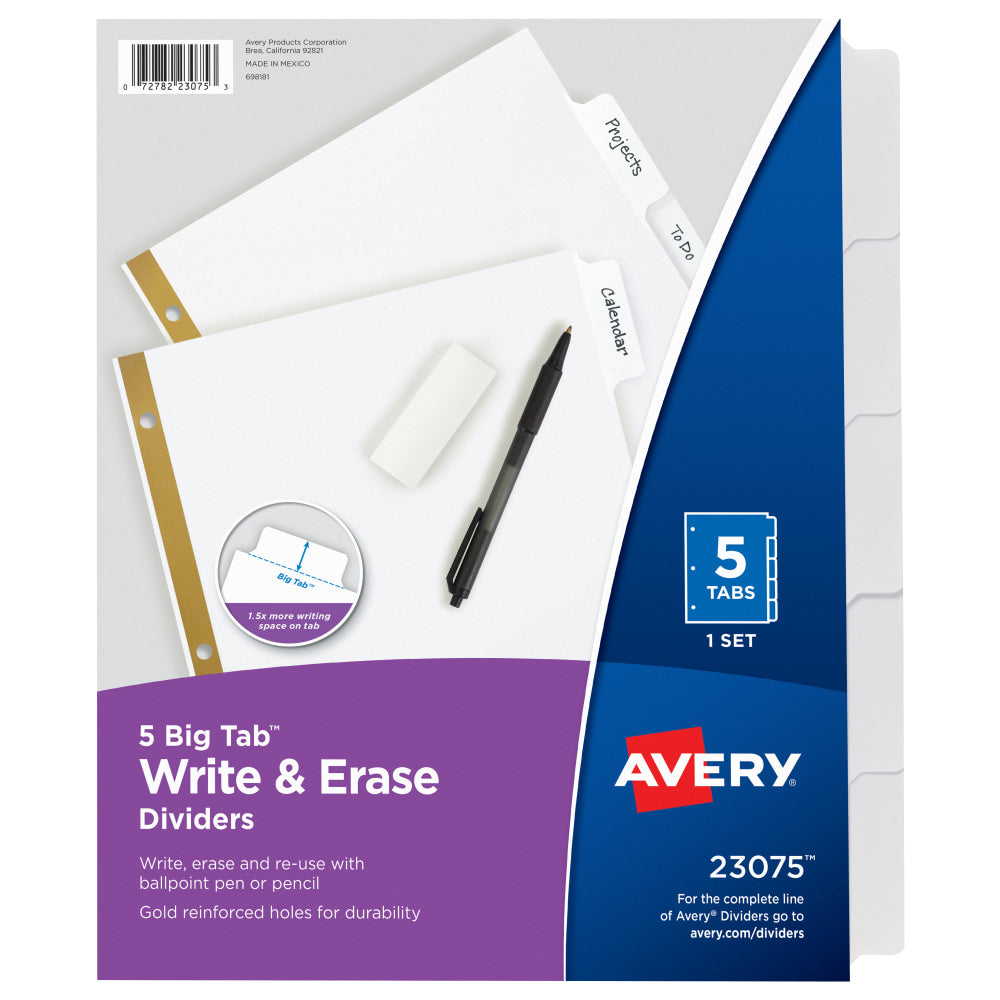 Avery Big Tab Write-On Tab Dividers With Erasable Laminated Tabs, 5-Tab, White