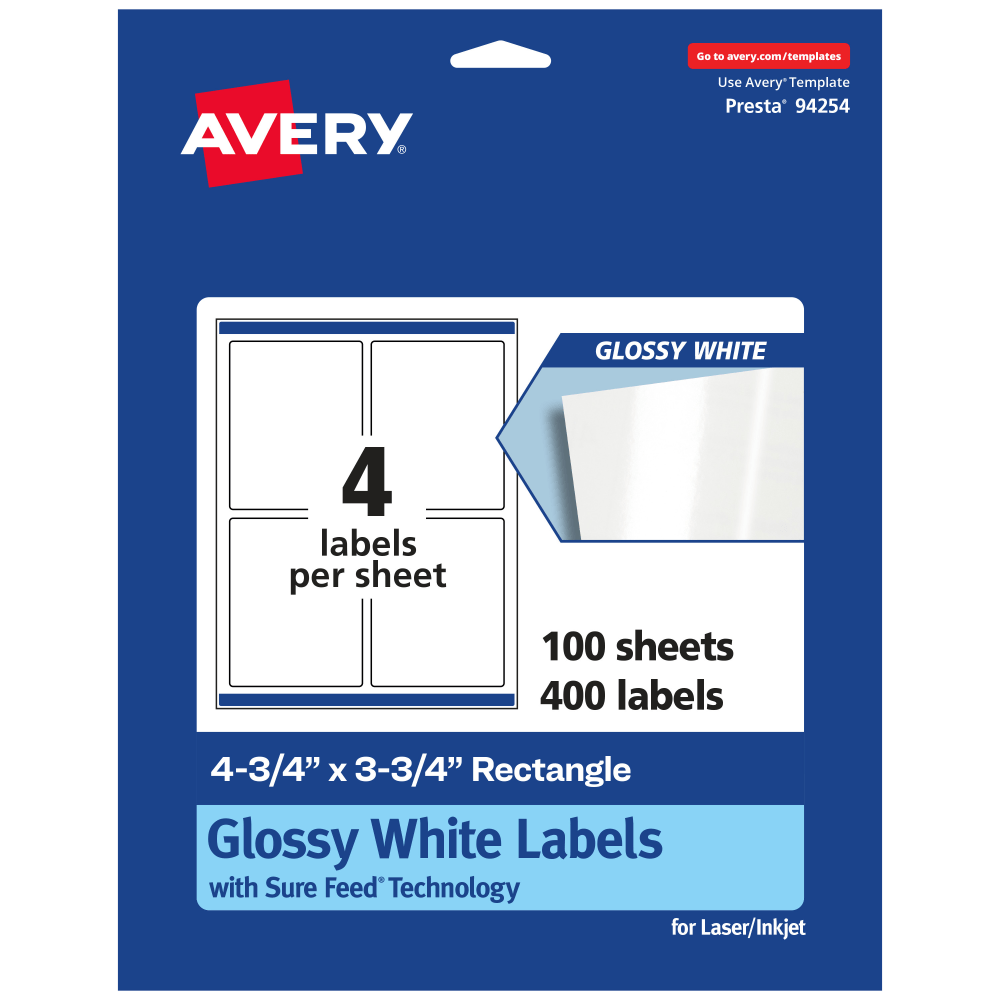 Avery Glossy Permanent Labels With Sure Feed, 94254-WGP100, Rectangle, 4-3/4in x 3-3/4in, White, Pack Of 400