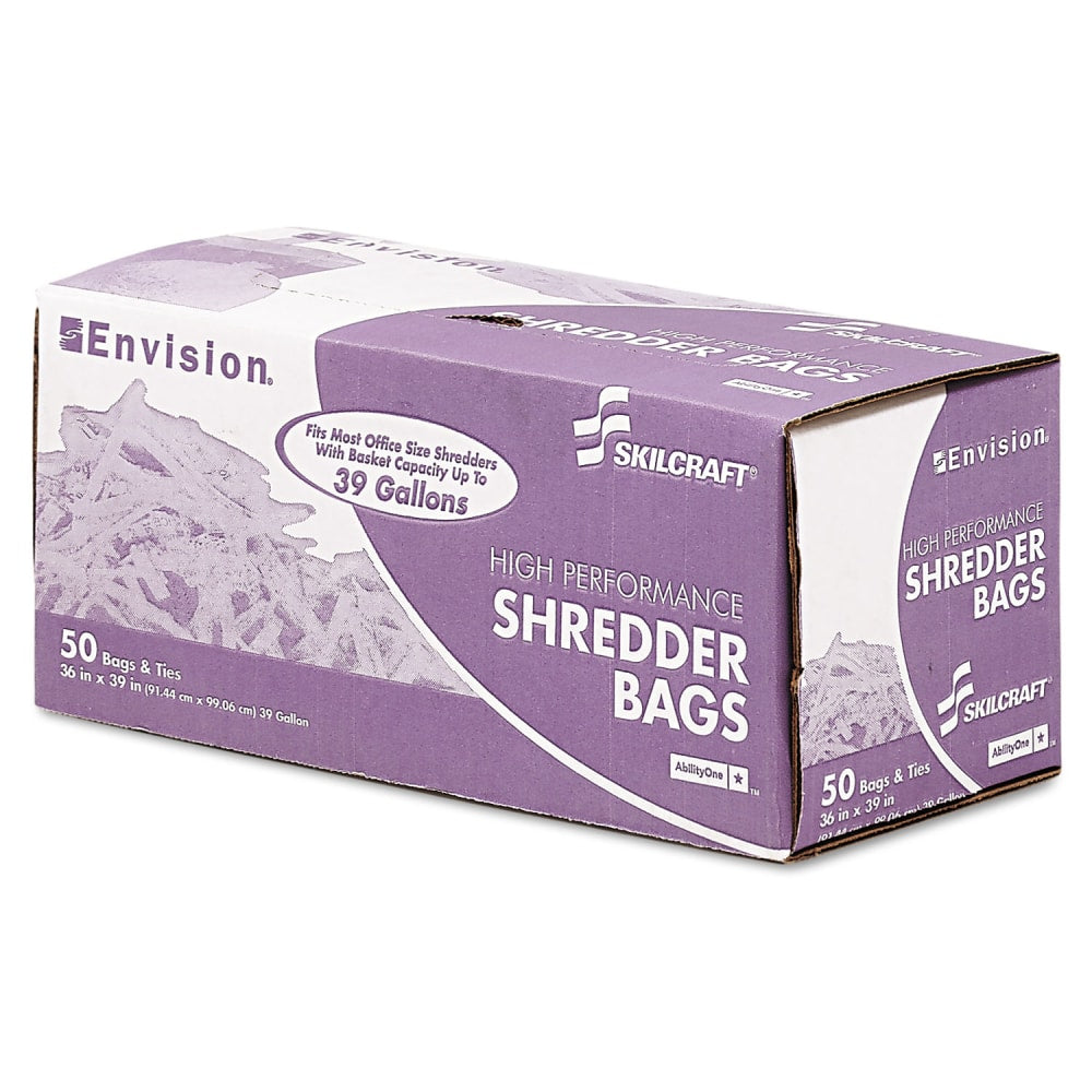 SKILCRAFT Shredder Bags, 36in x 39in, 39 Gallons, Clear, Roll Of 50 Bags, (AbilityOne 8105-01-399-4793)