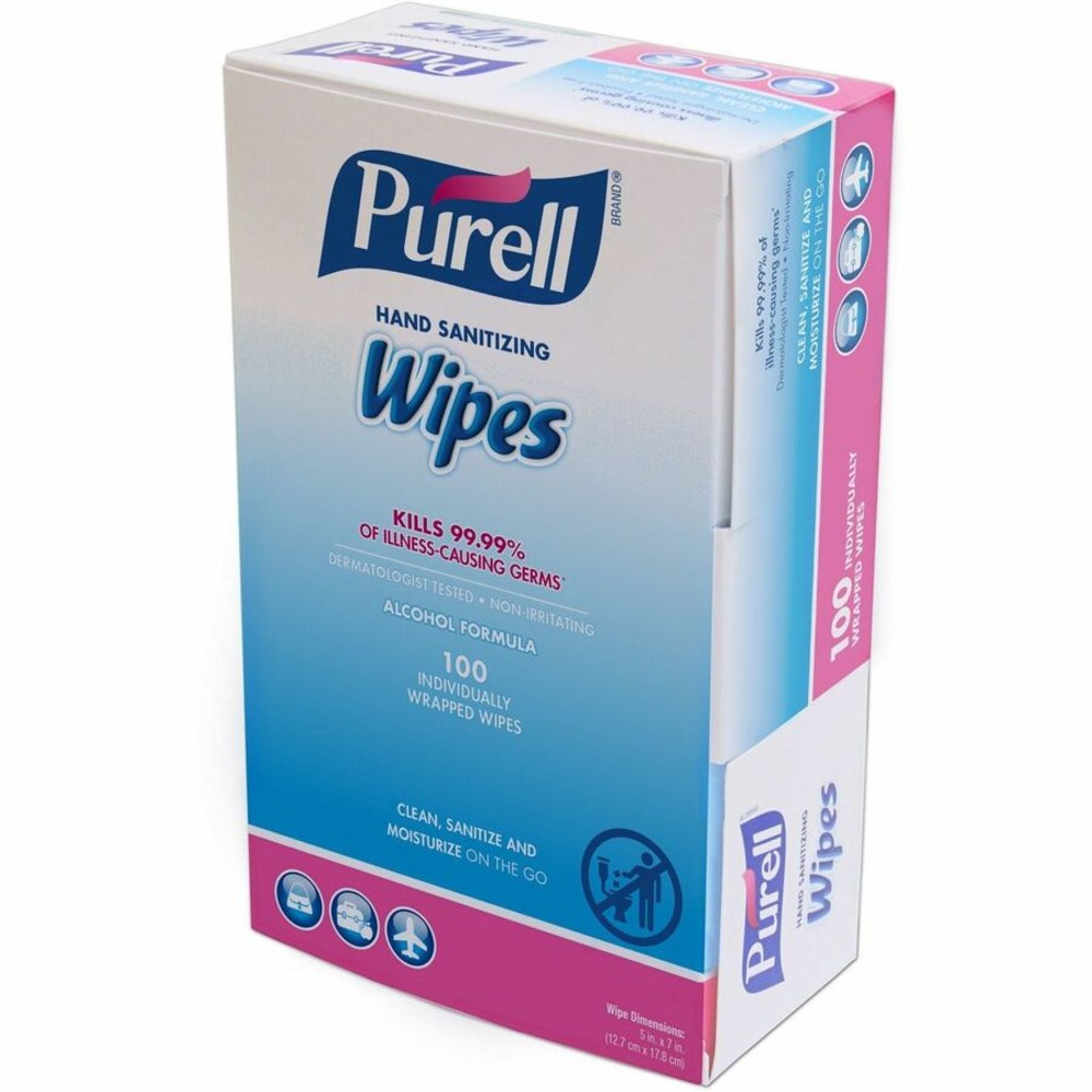 PURELL On-the-go Sanitizing Hand Wipes - Ethyl Alcohol - Safe, Alcohol Based - For Hand - 100 Quantity Per Box - 1000 / Carton