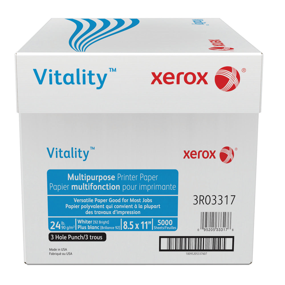 Xerox Vitality 3-Hole Punched Multi-Use Printer & Copy Paper, White, Letter (8.5in x 11in), 5000 Sheets Per Case, 24 Lb, 92 Brightness, FSC Certified, Case Of 10 Reams