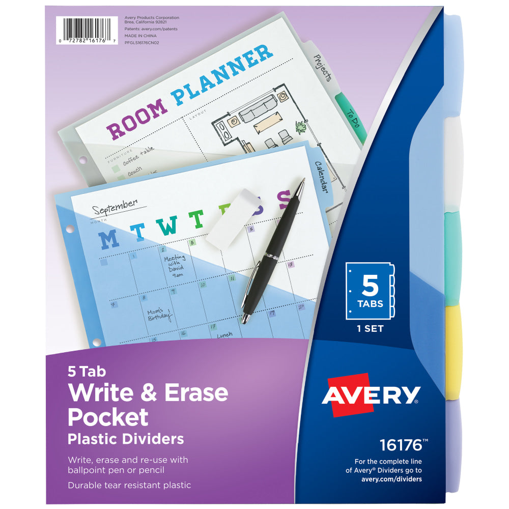 Avery Write & Erase Pocket Plastic Dividers For 3 Ring Binders, 9-1/4in x 11-1/4in, 5-Tab Set, Multicolor, 1 Set