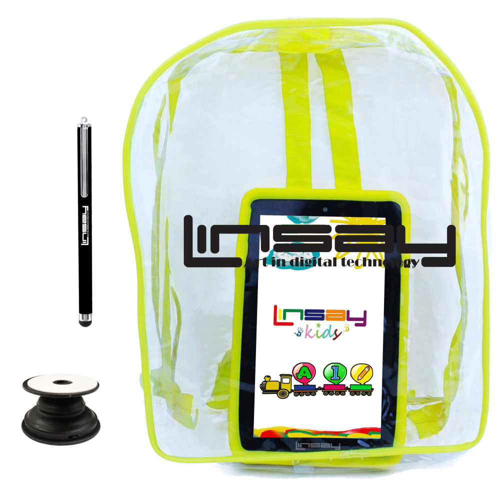 Linsay F7 Tablet, 7in Screen, 2GB Memory, 64GB Storage, Android 13, Kids Yellow/Bag