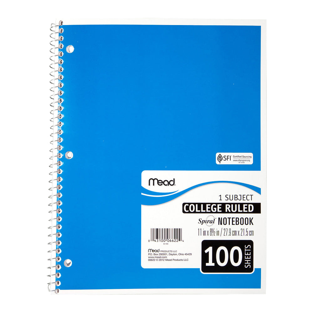 Mead Spiral Notebook, 8in x 11in, 1 Subject, College Ruled, 200 Pages (100 Sheets), Assorted Colors