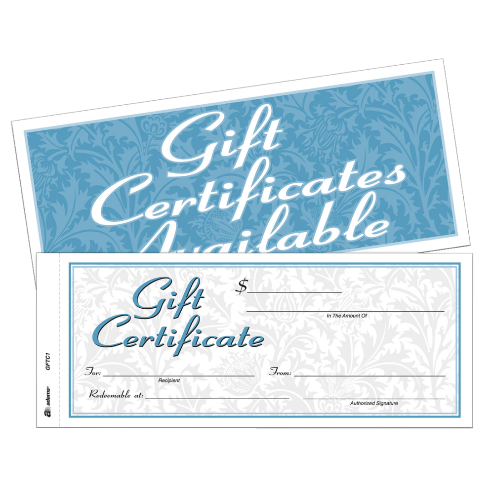 Adams 2-Part Gift Certificates Kit, 3 2/5in x 8 1/2in, White, Pack Of 25 Certificates/Envelopes