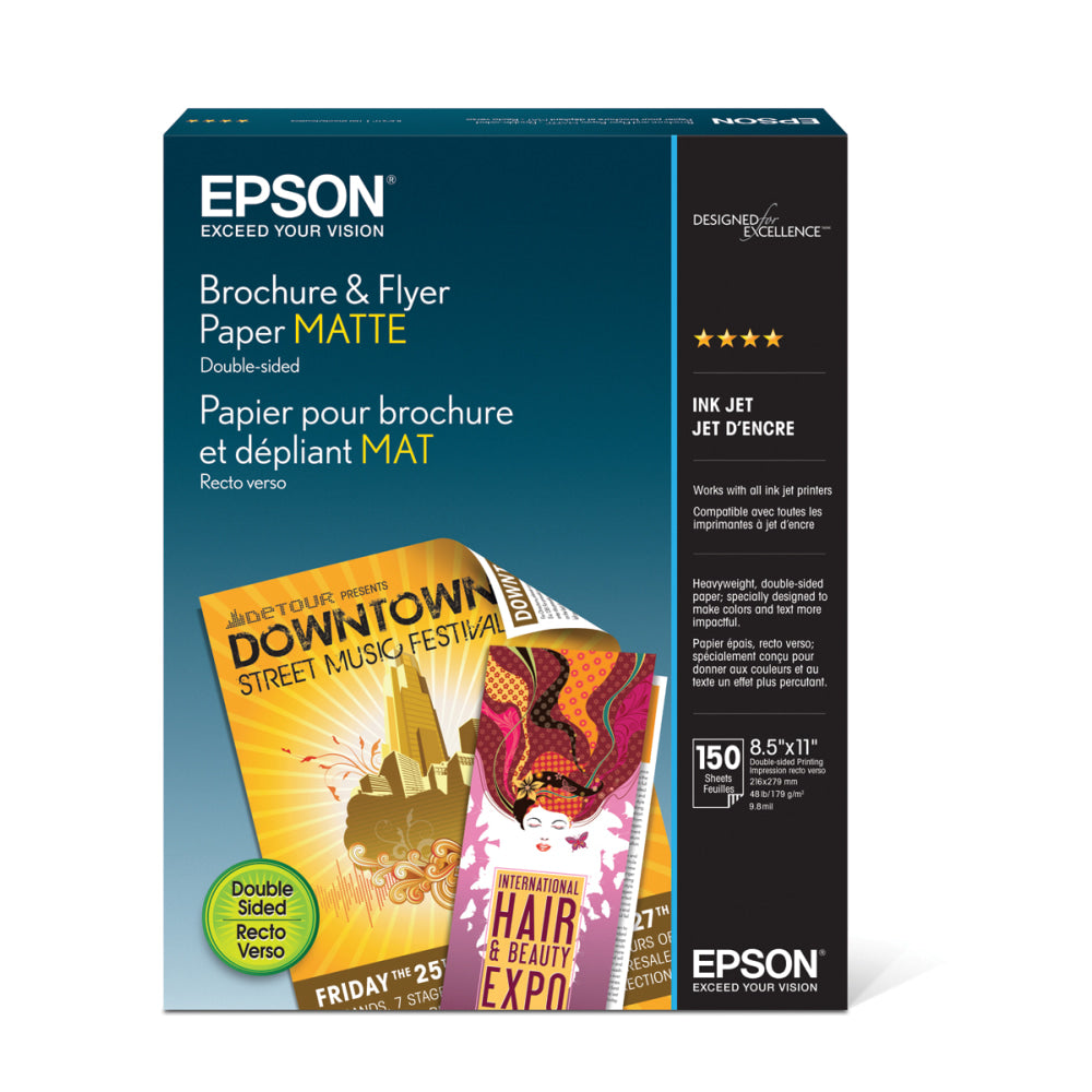 Epson Brochure & Flyer Paper, White, Letter (8.5in x 11in), 150 Sheets Per Pack, 48 Lb, 97 Brightness