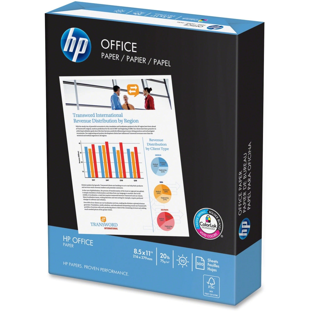 HP Office20 Printer & Copy Paper, White, Letter (8.5in x 11in), 200000 Sheets Per Pallet, 20 Lb, 92  Brightness, Case Of 10 Reams