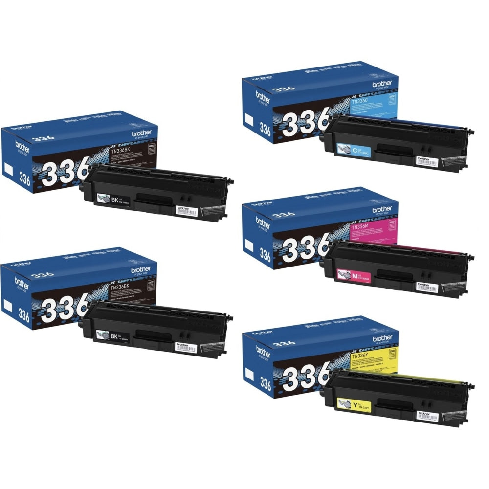 Brother TN336 Black; Cyan; Magenta; Yellow High Yield Toner Cartridges, Pack Of 5 Cartridges, TN336BBCMY-OD