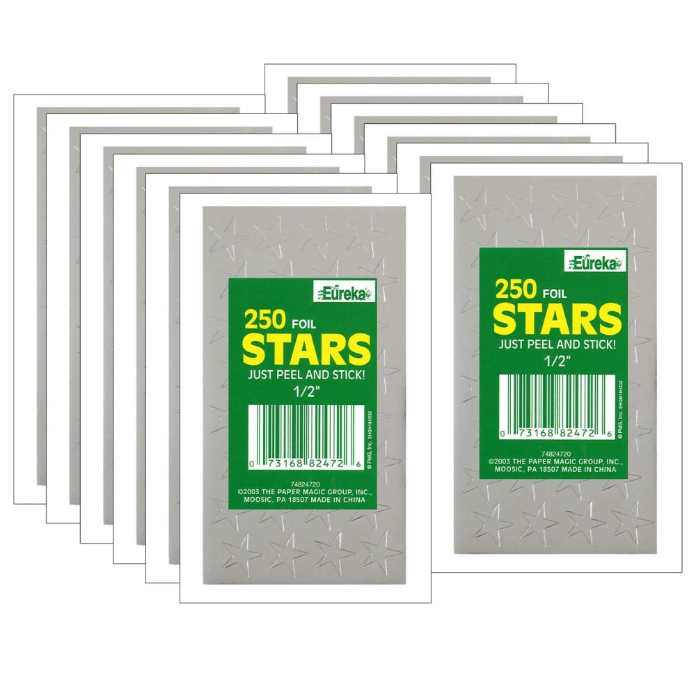 Eureka Presto-Stick Foil Star Stickers, 1/2in, Silver, 250 Stickers Per Pack, Set Of 12 Packs