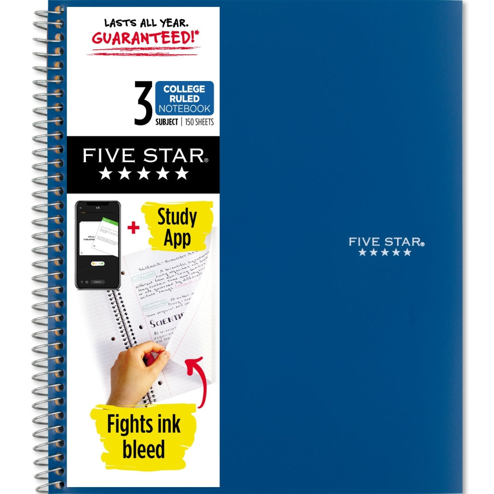 Five Star Wire-Bound Notebook, 8-1/2in x 11in, 3 Subject, College Ruled, 150 Sheets, Pacific Blue