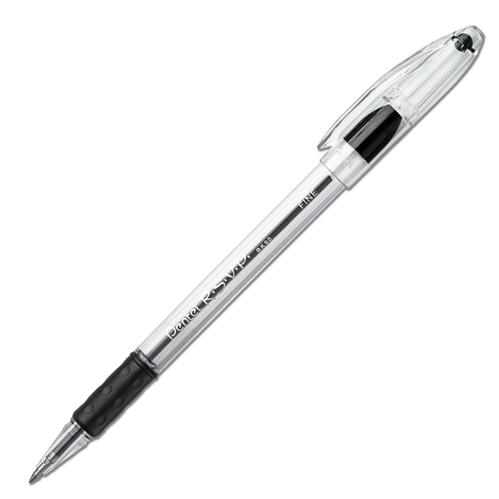 Pentel R.S.V.P. Ballpoint Pens, Fine Point, 0.7 mm, Clear Barrel, Black Ink, Pack Of 12