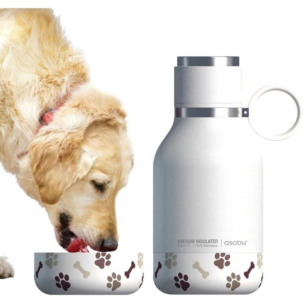 asobu 33-Ounce Dog Bowl Bottle (White) - 1.03 quart - White, Silver, Brown - Stainless Steel, Copper