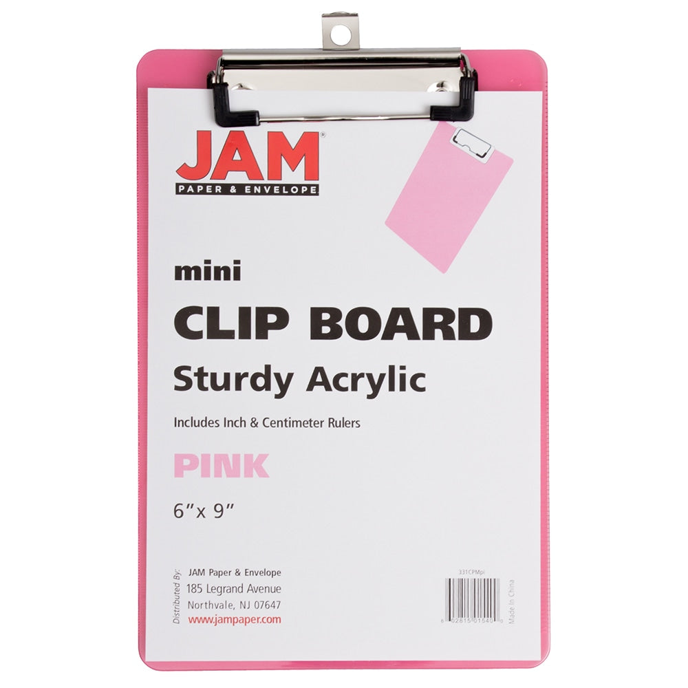 JAM Paper Plastic Mini Clipboard, 6in x 9in, Pink