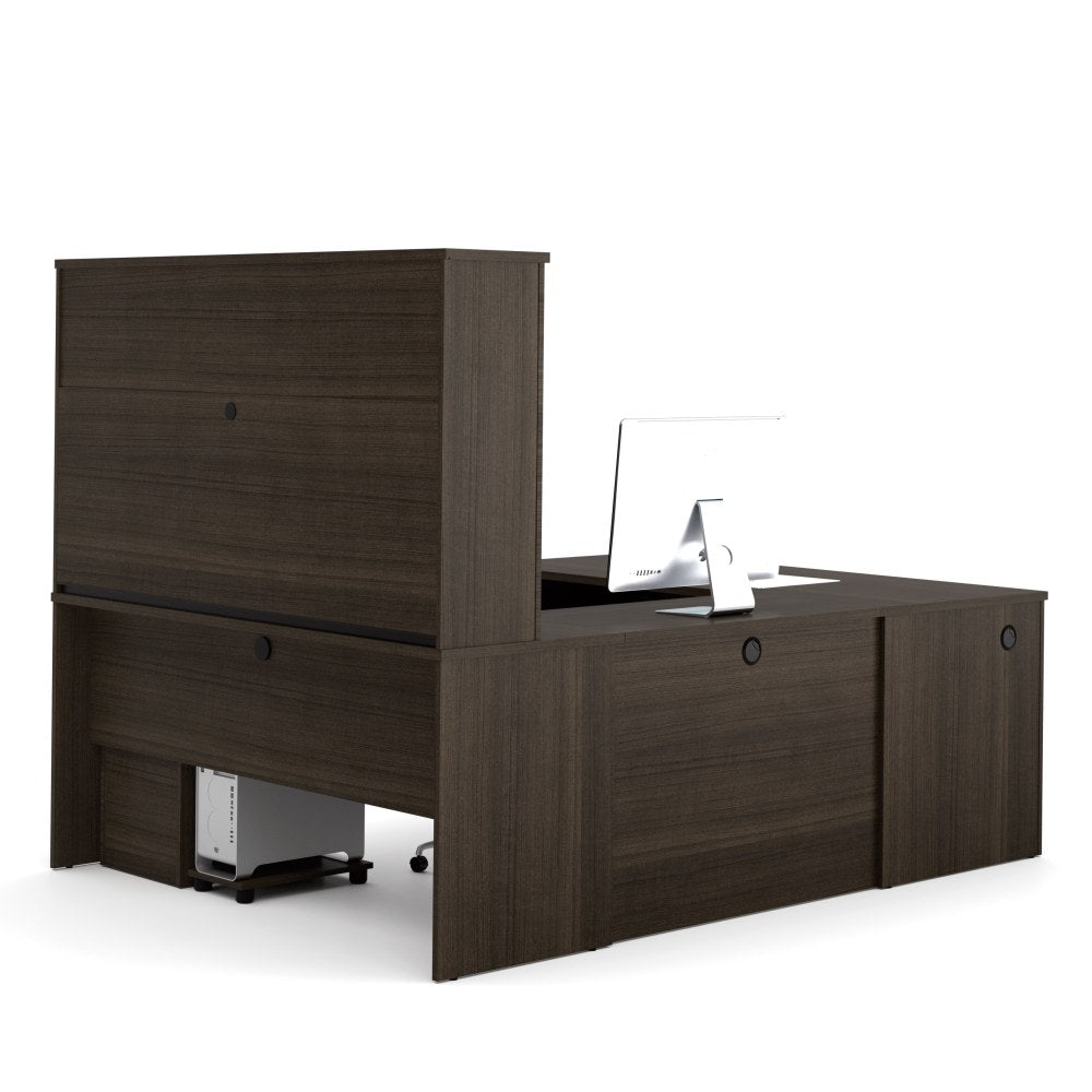 Bestar Embassy 66inW U-Shaped Executive Computer Desk With Pedestal And Hutch, Dark Chocolate