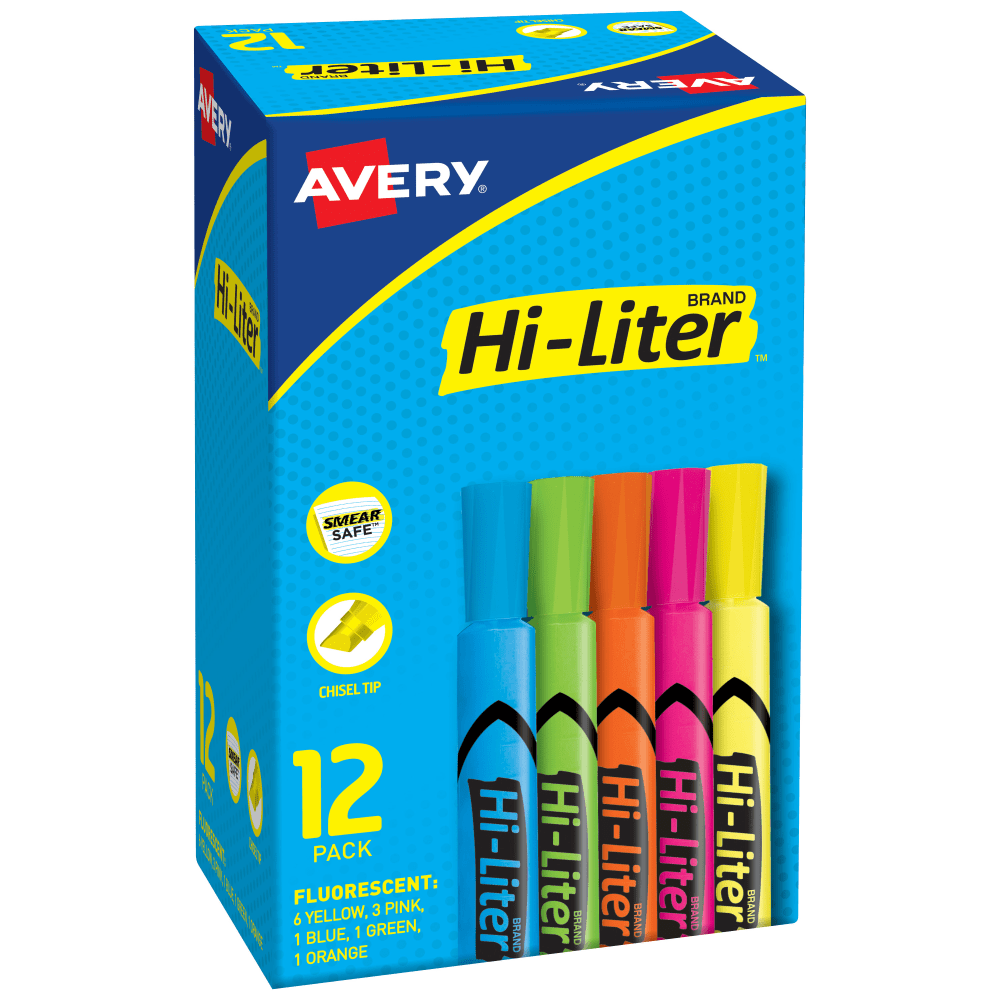 Avery Hi-Liter SmearSafe Highlighters, Chisel Tip, Desk-Style, Assorted, Pack Of 12 Highlighters