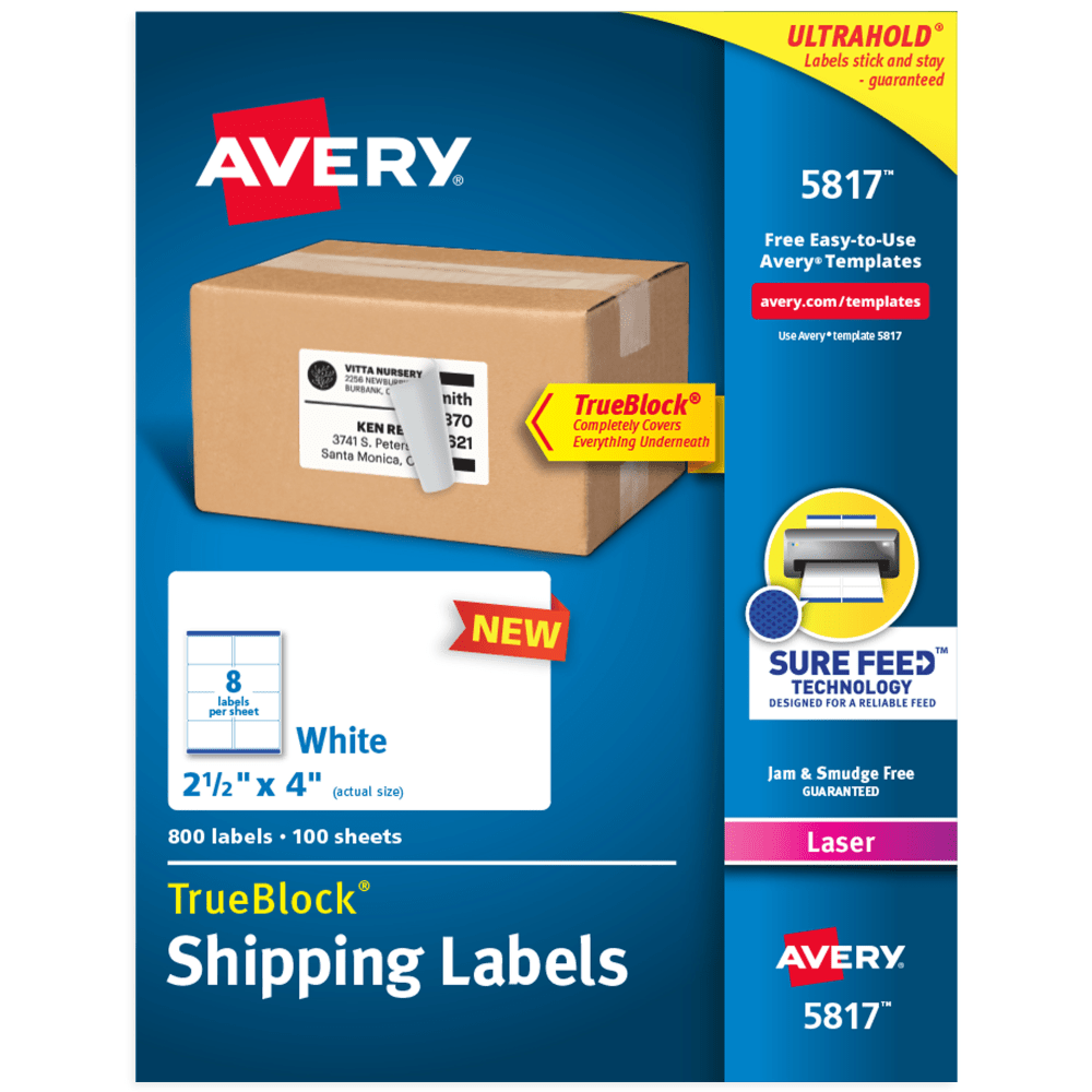 Avery TrueBlock Shipping Labels With Sure Feed Technology, 5817, Rectangle, 2.5in x 4in, White, Pack Of 800