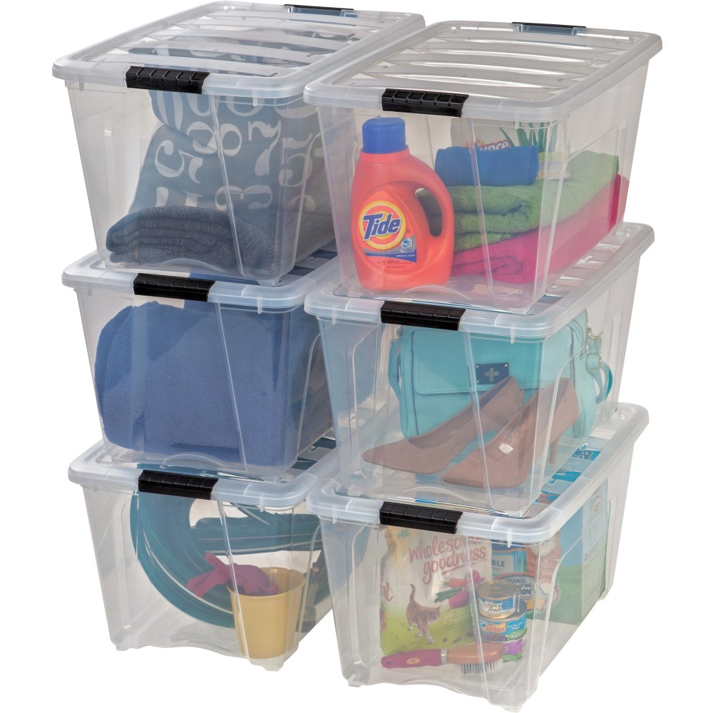 Iris Stackable Clear Storage Boxes, 22in x 16 1/2in x 13in, Clear, Black, Case Of 6