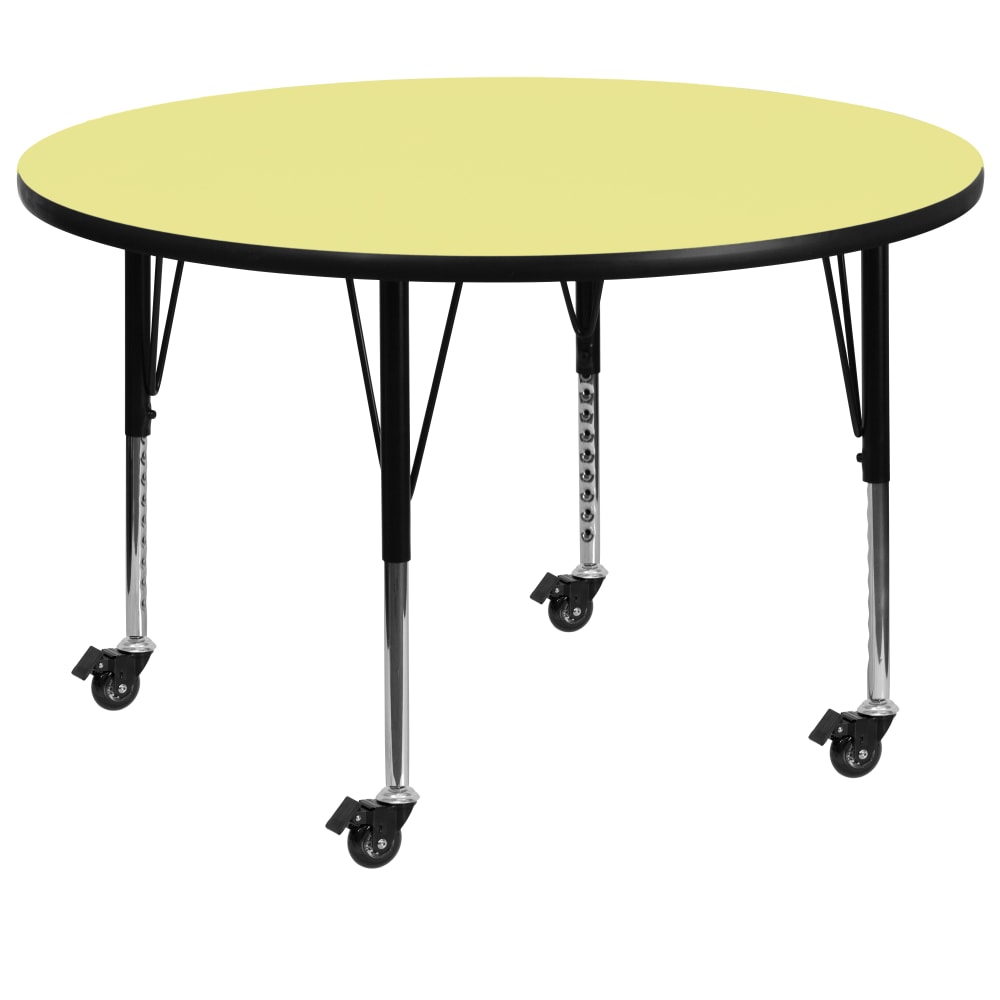 Flash Furniture Mobile Round Thermal Laminate Activity Table With Height-Adjustable Short Legs, 25-3/8inH x 48inW x 48inD, Yellow