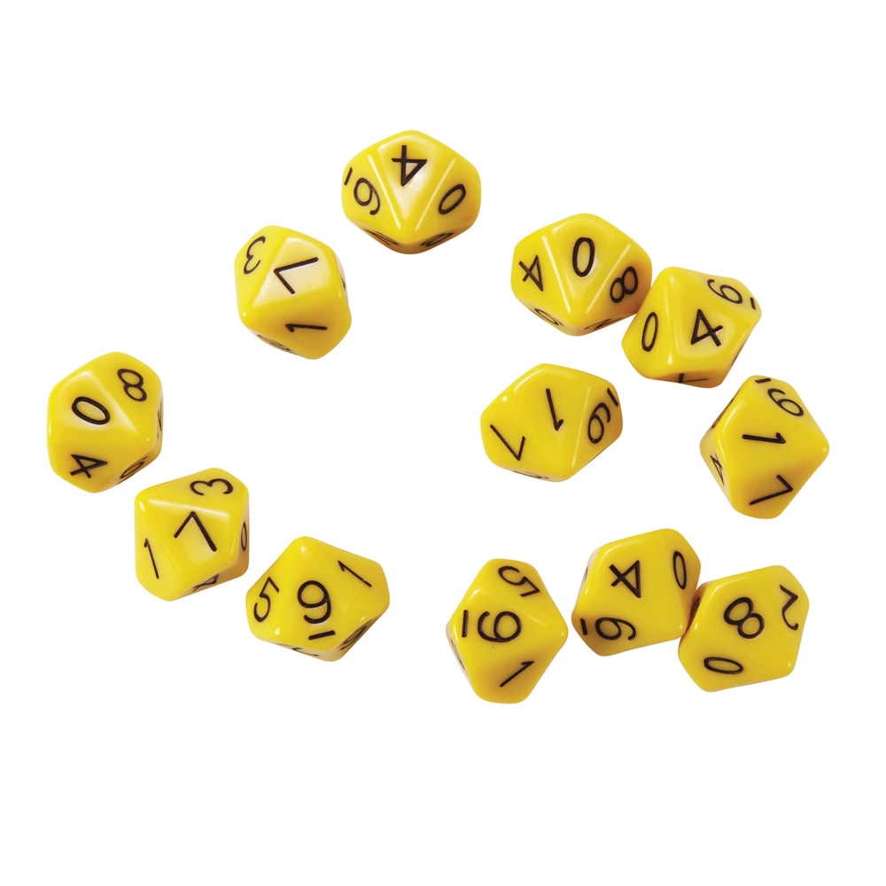 Learning Advantage 10-Sided Polyhedra Dice, Yellow, 12 Dice Per Pack, Set Of 3 Packs