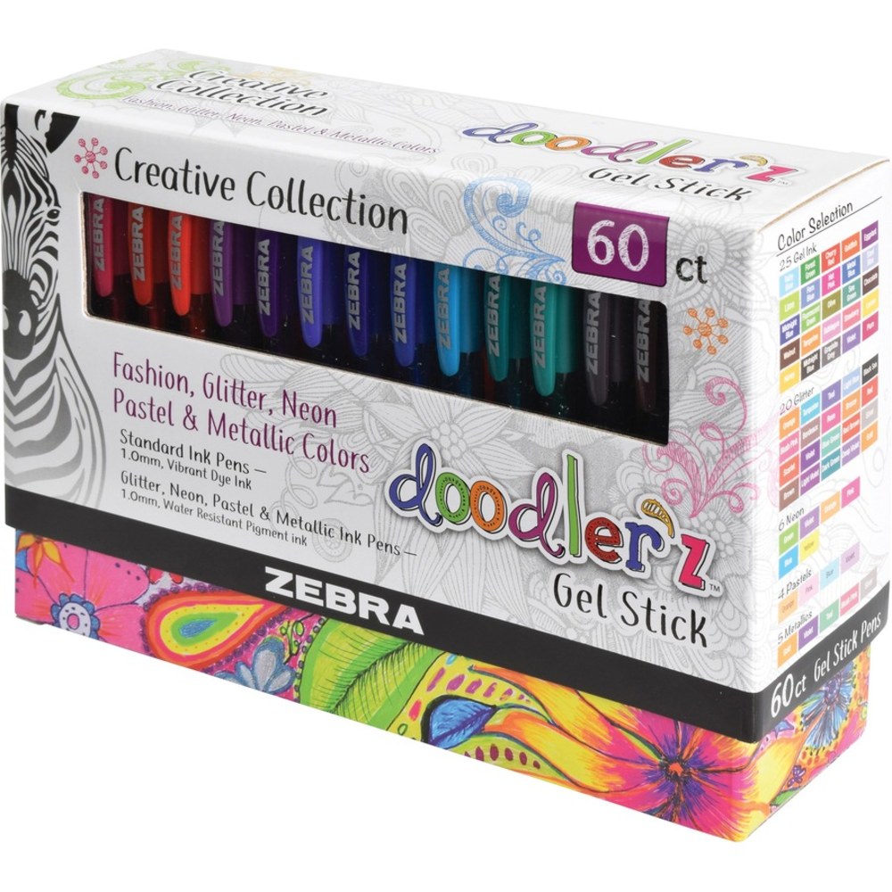 Zebra Pen doodler"z Gel Stick Pens, Pack Of 60, Bold Point, 1.0 mm, Translucent Barrel, Assorted Ink