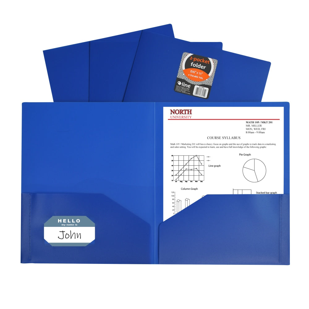 C-Line 2-Pocket 3-Hole Punch Poly Folders, 8-1/2in x 11in, Blue, Pack Of 25 Folders