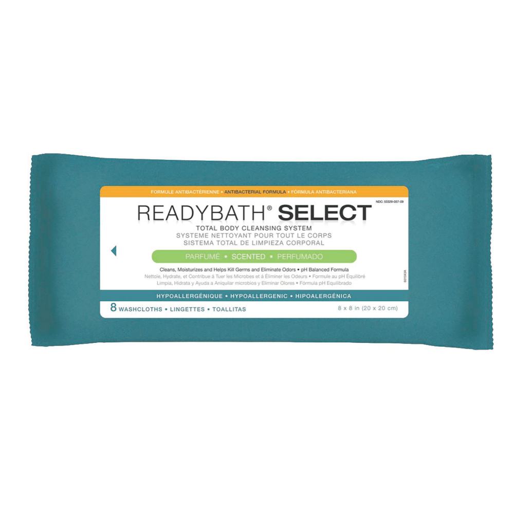 Medline ReadyBath SELECT Medium-Weight Cleansing Washcloths, Antibacterial, Scented, 8in x 8in, White, 8 Washcloths Per Pack, Case Of 30 packs