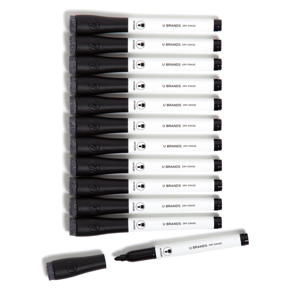 U Brands Low-Odor Dry-Erase Markers, Medium Point, Black, Pack Of 12 Markers