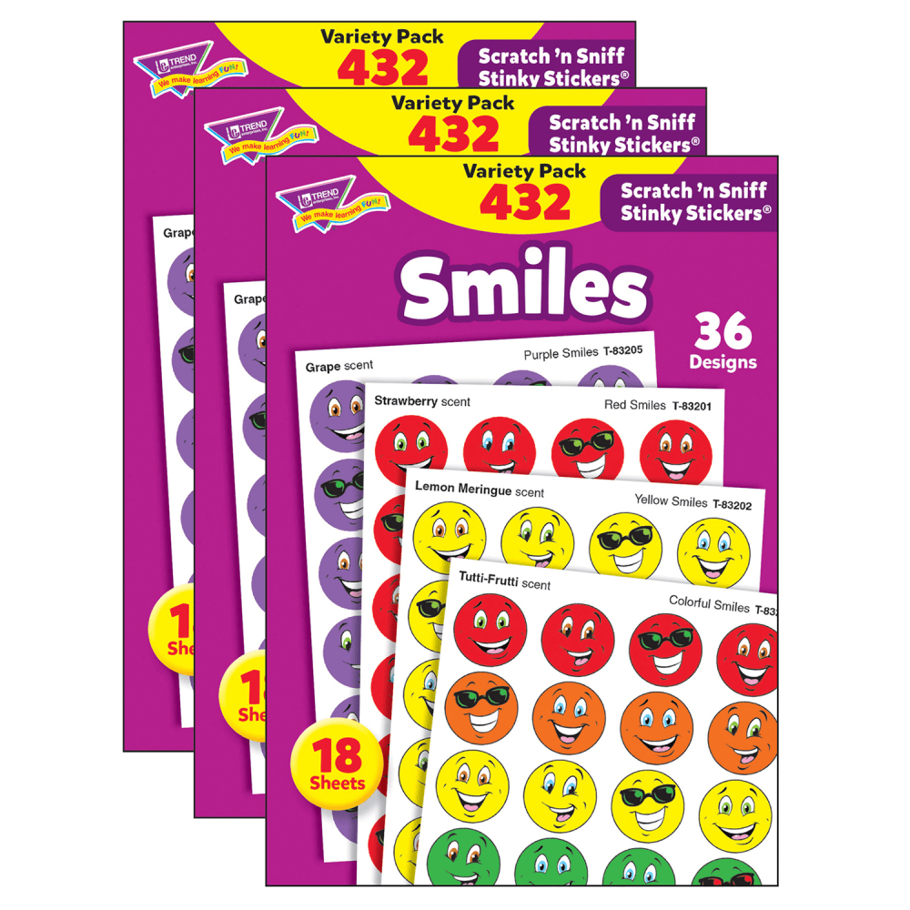 Trend Stinky Stickers, Smiles Variety Pack, 432 Stickers Per Pack, Set Of 3 Packs