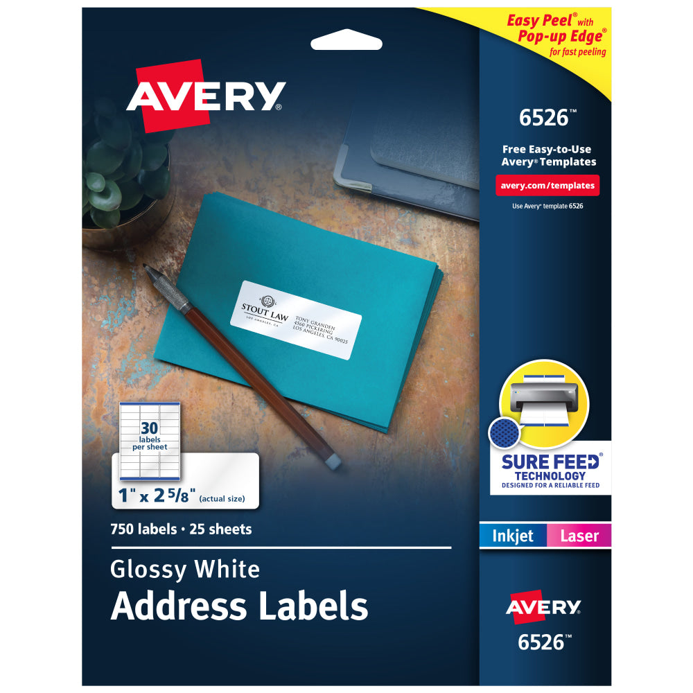 Avery Address Labels With Sure Feed And Easy Peel Technology, 6526, Rectangle, 1in x 2-5/8in, Glossy White, Pack Of 750