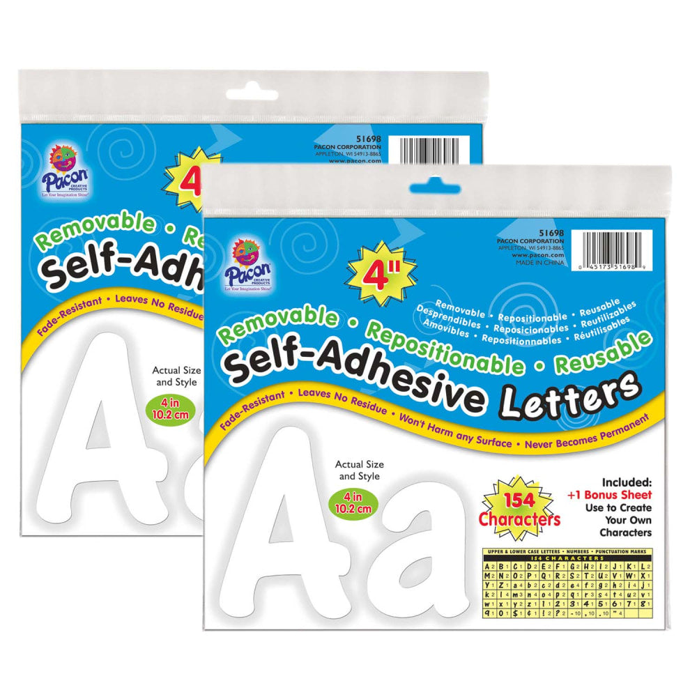 Pacon Self-Adhesive Letters, 4in, White, Cheery Font, 154 Per Pack, 2 Packs Of Letters