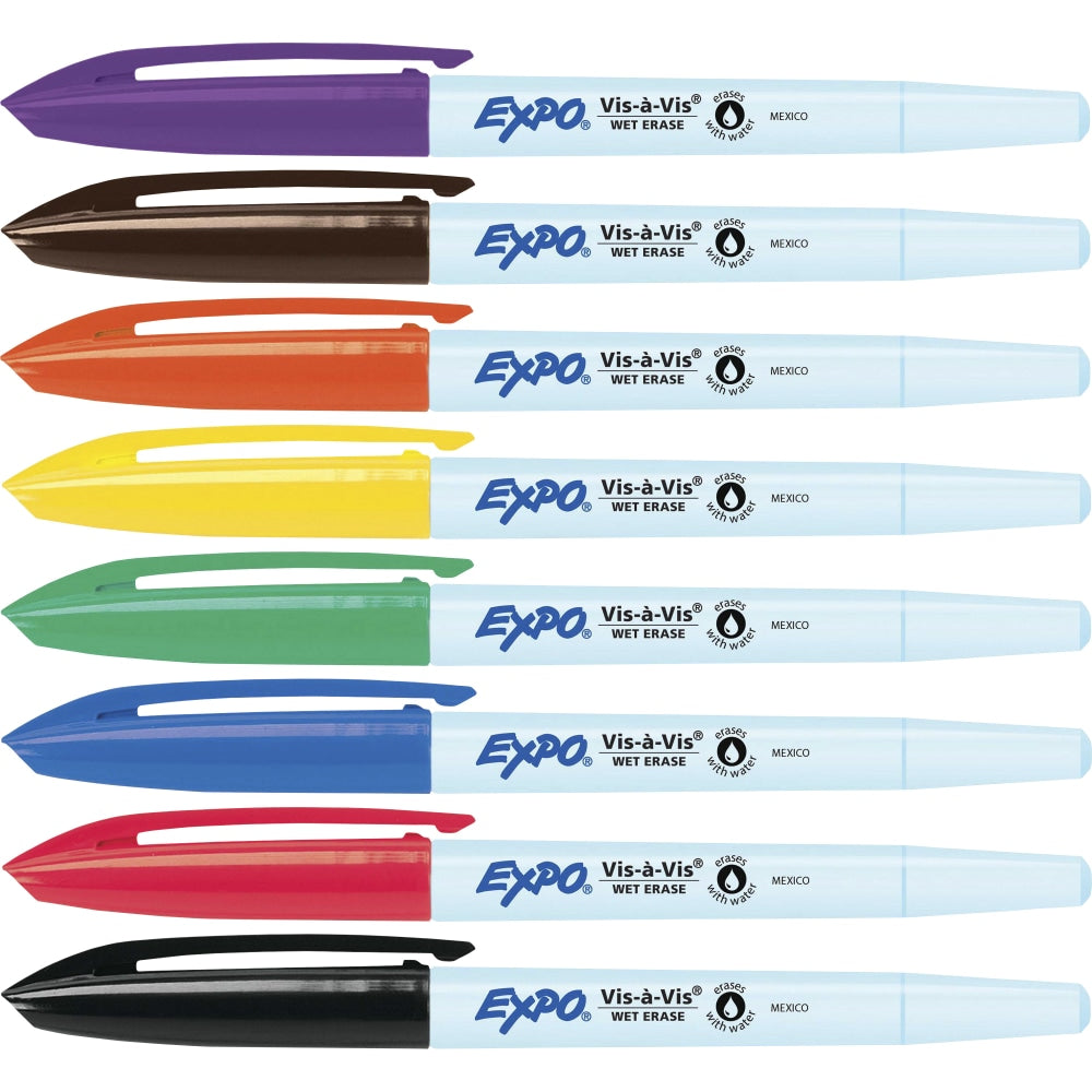 EXPO Vis-A-Vis Wet-Erase Markers, Fine Point, White Barrels, Assorted Ink Colors, Pack Of 8 Markers