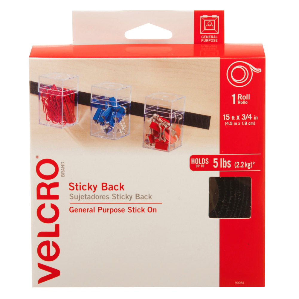 VELCRO Brand STICKY BACK Fasteners, 3/4in x 15ft, Black