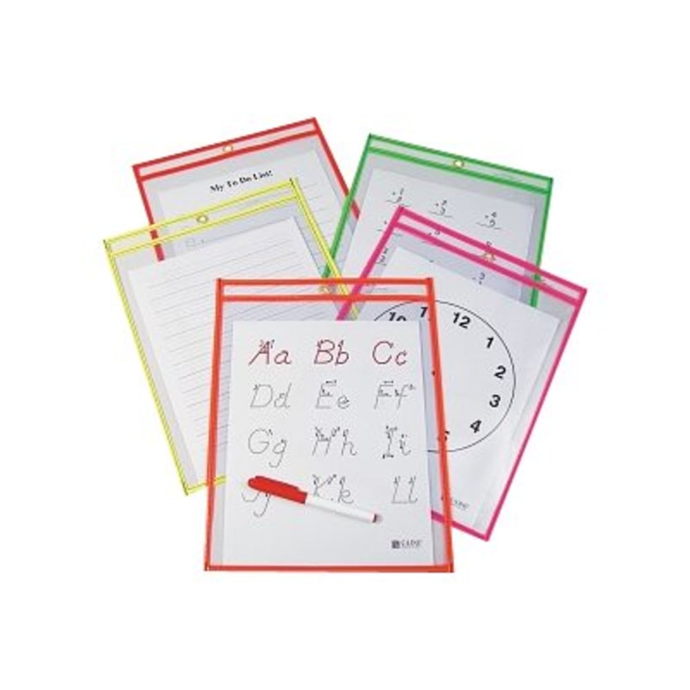 C Line Reusable Dry-Erase Pockets, 9in x 12in, Assorted Neon Colors, Pack Of 25