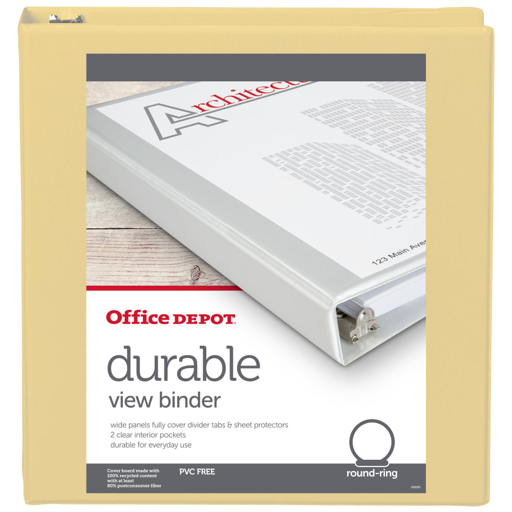 Office Depot Brand 3-Ring Durable View Binder, 1-1/2in Round Rings, Yellow