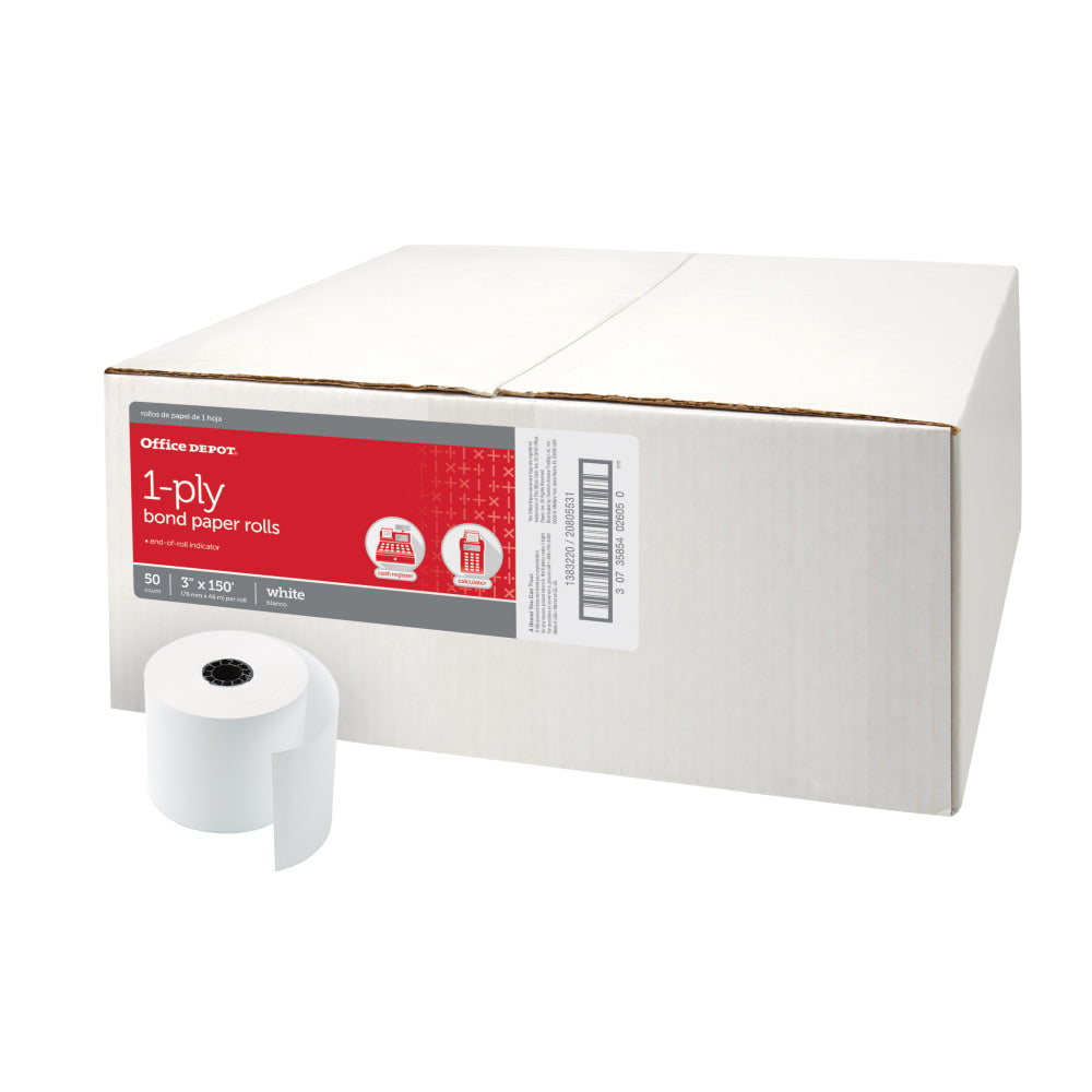 Office Depot Brand 1-Ply Bond Paper Rolls, 3in x 150ft, White, Carton Of 50