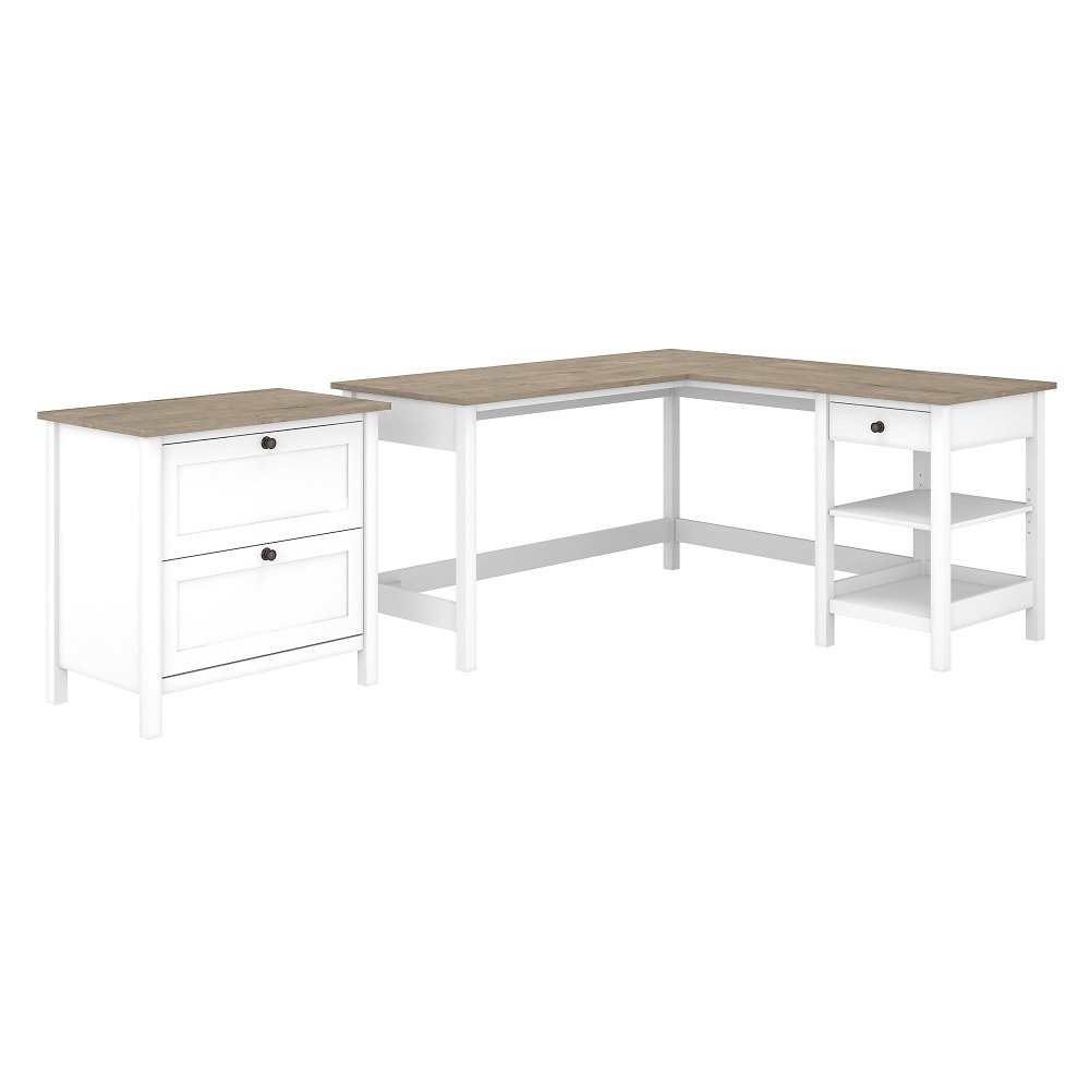 Bush Business Furniture Mayfield 60inW L-Shaped Corner Desk With 2-Drawer Lateral File Cabinet, Pure White/Shiplap Gray, Standard Delivery