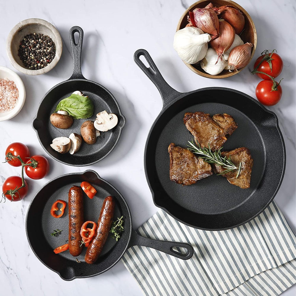 Gibson Home Addlestone 3-Piece Pre-Seasoned Cast Iron Skillet Set, Black