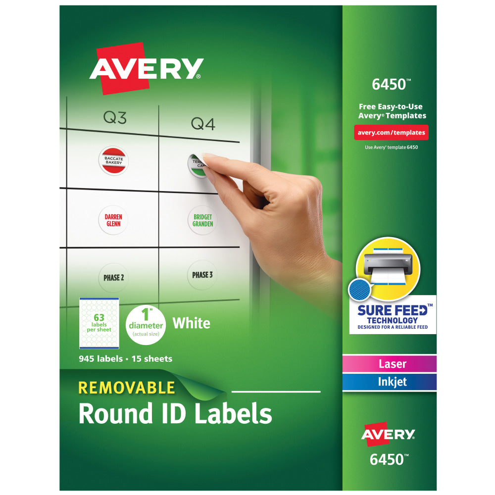 Avery Removable Round Multipurpose Labels, 6450, 1in Diameter, White, Pack Of 945