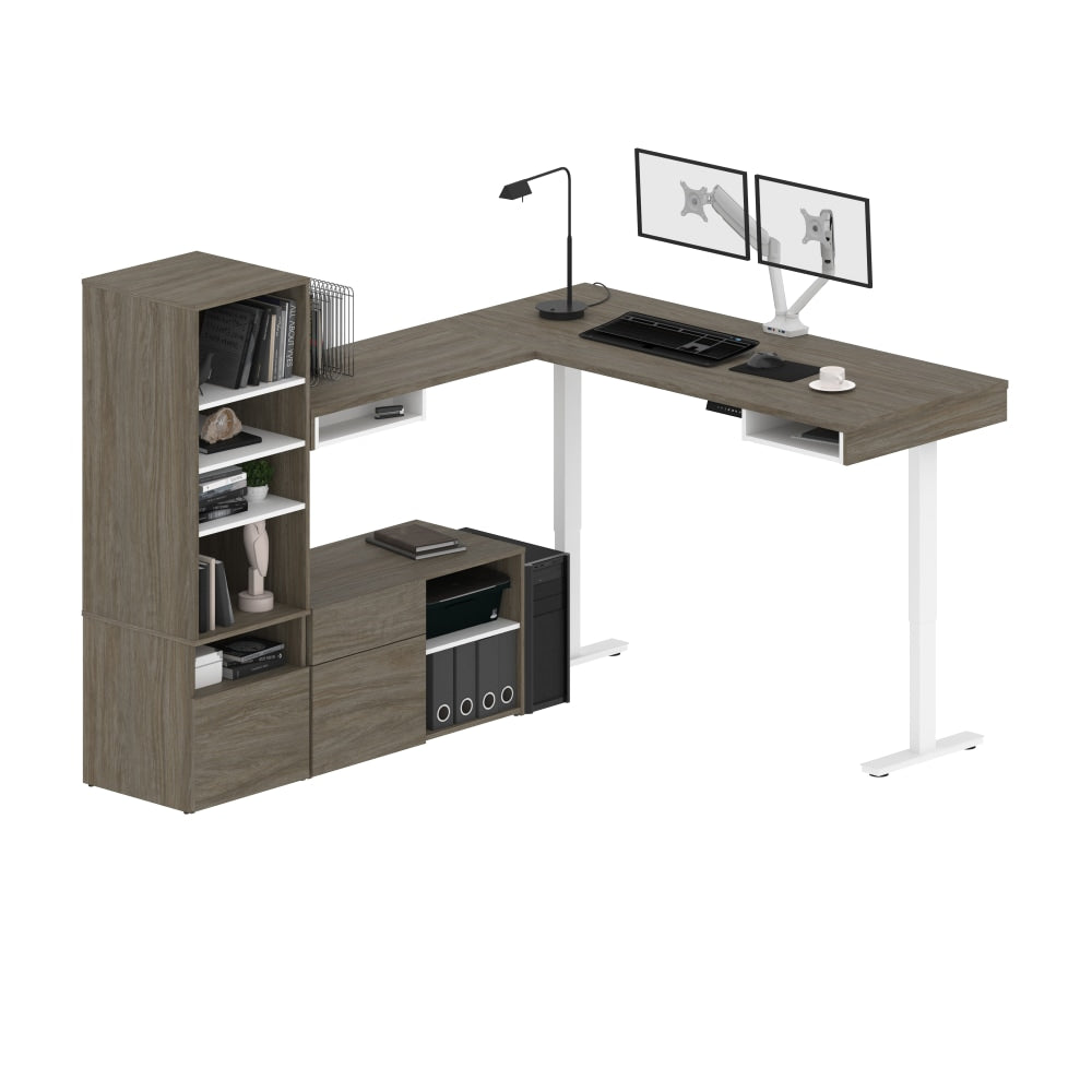 Bestar Viva 72inW L-Shaped Standing Corner Desk With Dual Monitor Arm And Storage, Walnut Gray/White