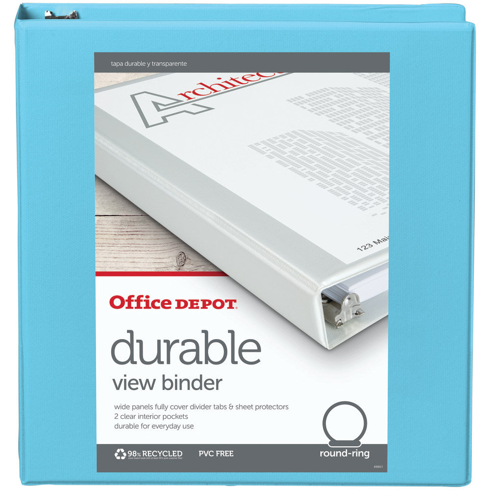 Office Depot Brand 3-Ring Durable View Binder, 1-1/2in Round Rings, Jeweler Blue