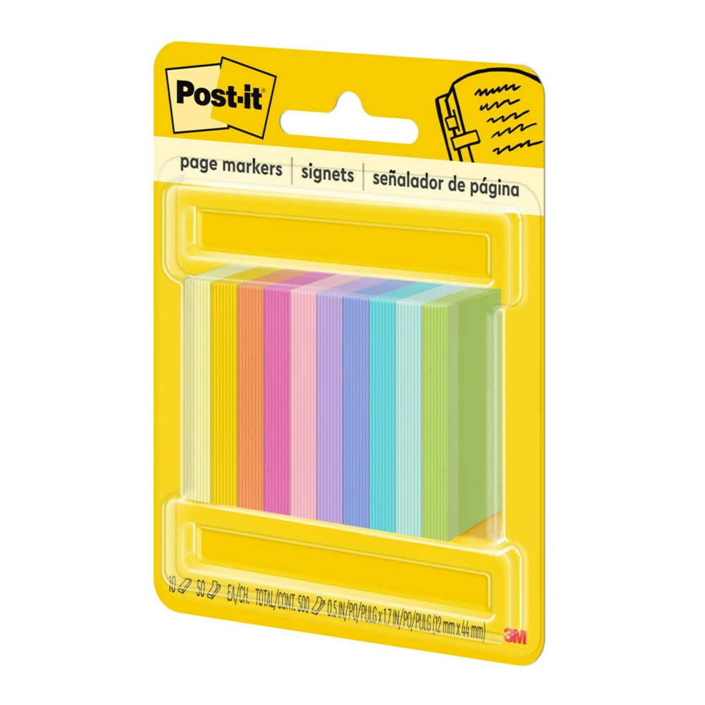 Post-it Page Markers, 1/2in x 1 3/4in, Assorted Bright Colors, 50 Per Pad, Pack Of 10 Pads