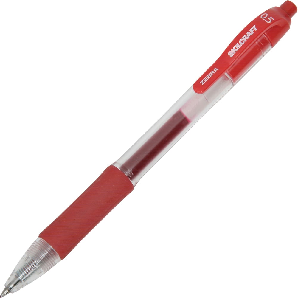 SKILCRAFT Retractable Gel Pens, Fine Point, 0.5 mm, Clear/Red Barrel, Red Ink, Pack Of 12 Pens