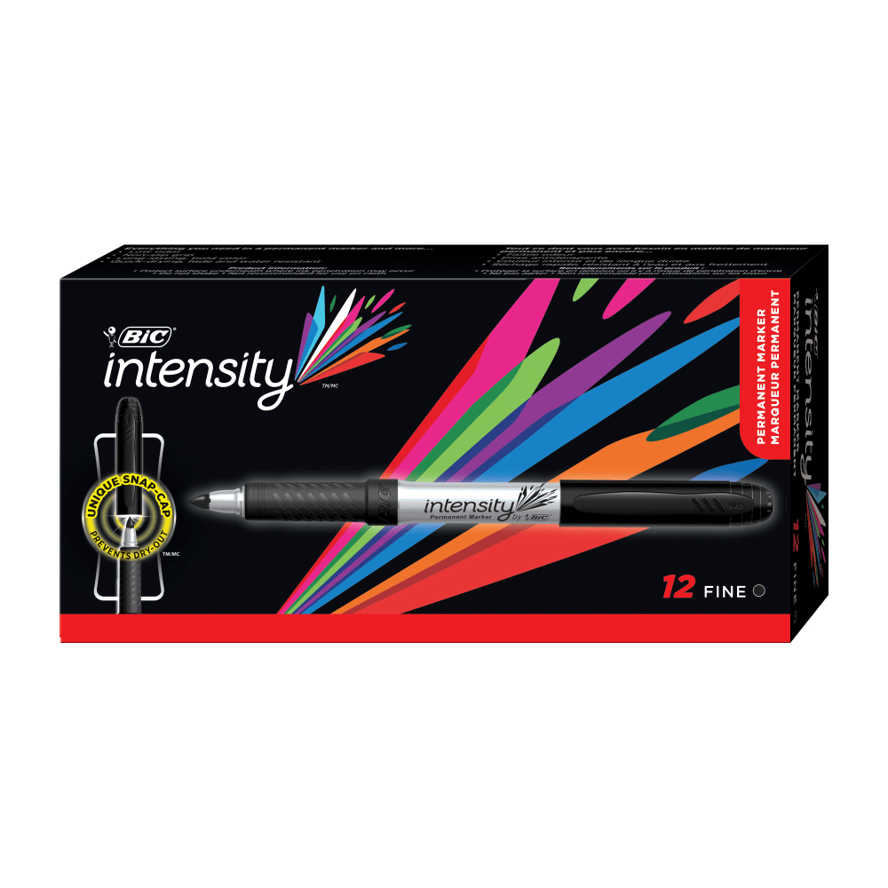 BIC Intensity Permanent Markers, Fine Point, Grip Silver Barrel, Black, Pack Of 12