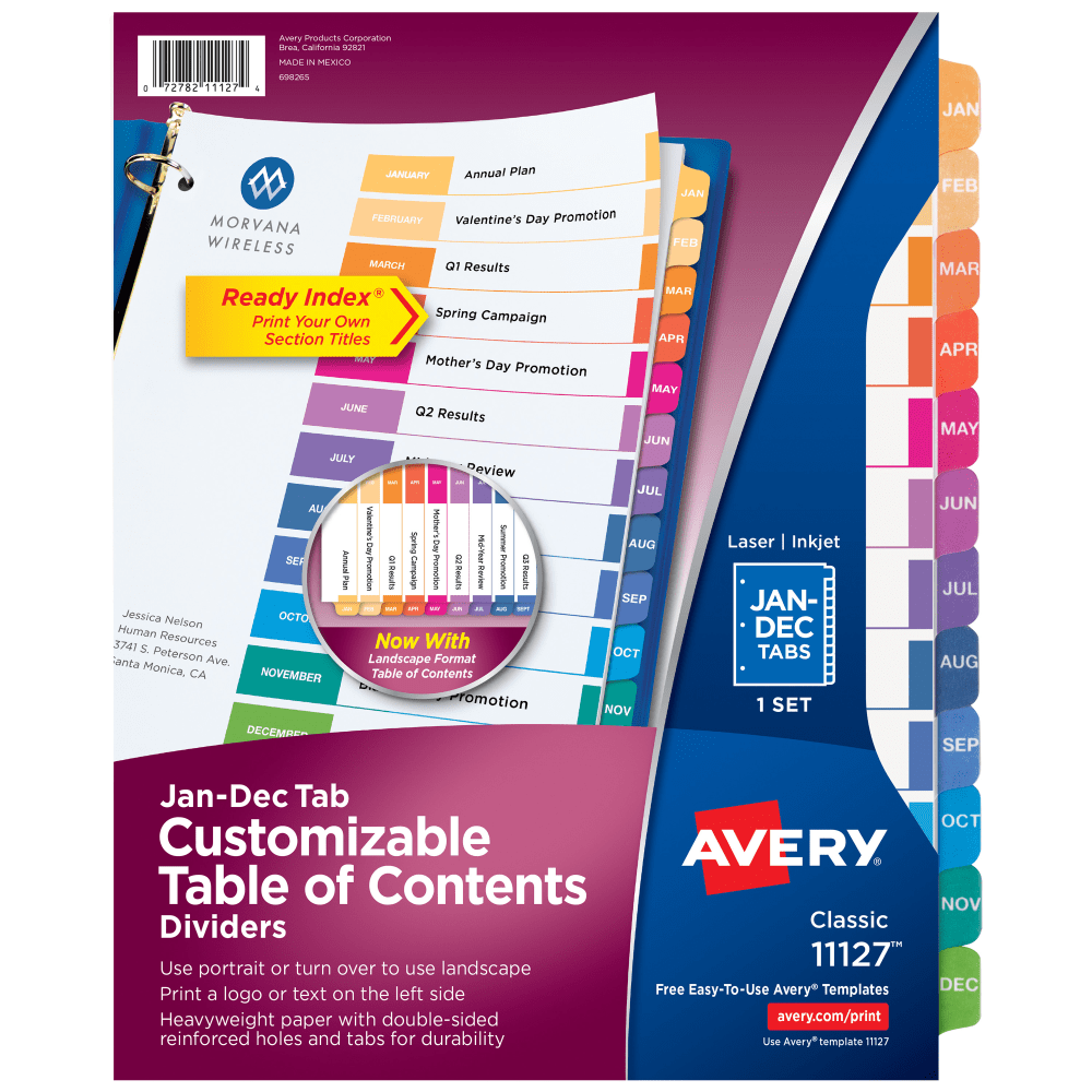 Avery Ready Index Jan-Dec Tab With Customizable Table Of Contents Binder Dividers, 8-1/2in x 11in, 12 Tab, Multicolor, 1 Set