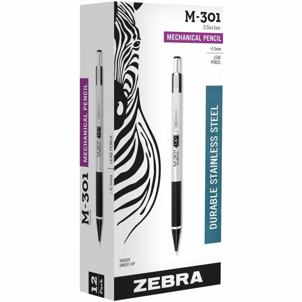 Zebra Pen STEEL 3 Series M-301 Mechanical Pencils, Pack Of 12, Fine Point, 0.5 mm, Black Barrel