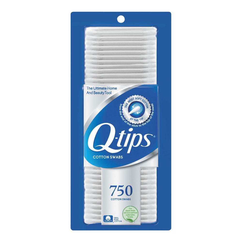 Q-Tips Cotton Swabs, 1in, White, 750 Per Box, Pack Of 12 Boxes