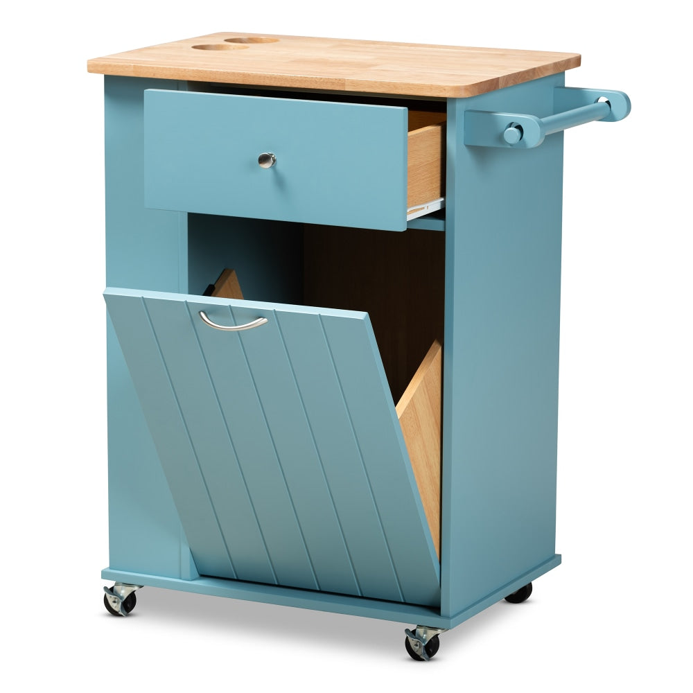 Baxton Studio Liona Sky Kitchen Storage Cart, 34-3/8inH x 17-3/4inW, Blue/Natural