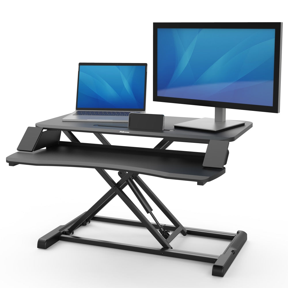 Fellowes Corsivo Sit-Stand Workstation Desk Riser, 19-1/2inH x 31-1/2inW x 24-1/4inD, Black