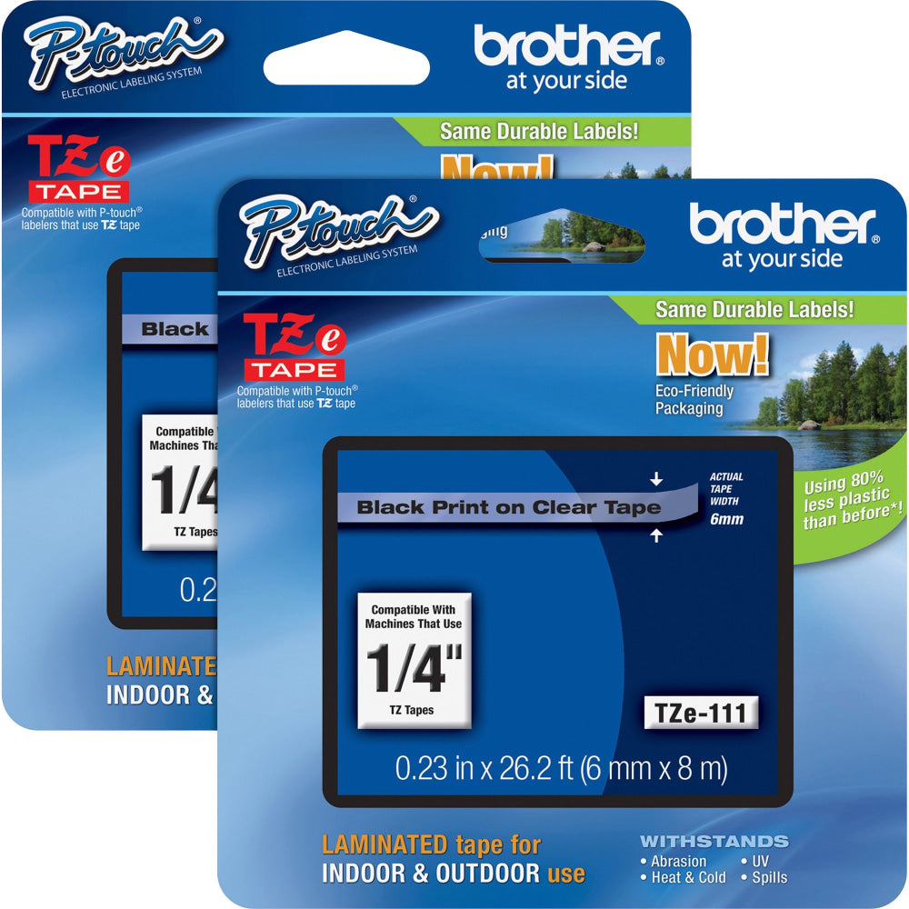 Brother P-touch TZe Laminated Tape Cartridges, 15/64inW x 26 1/4L , Rectangle, Clear, 2 Per Bundle